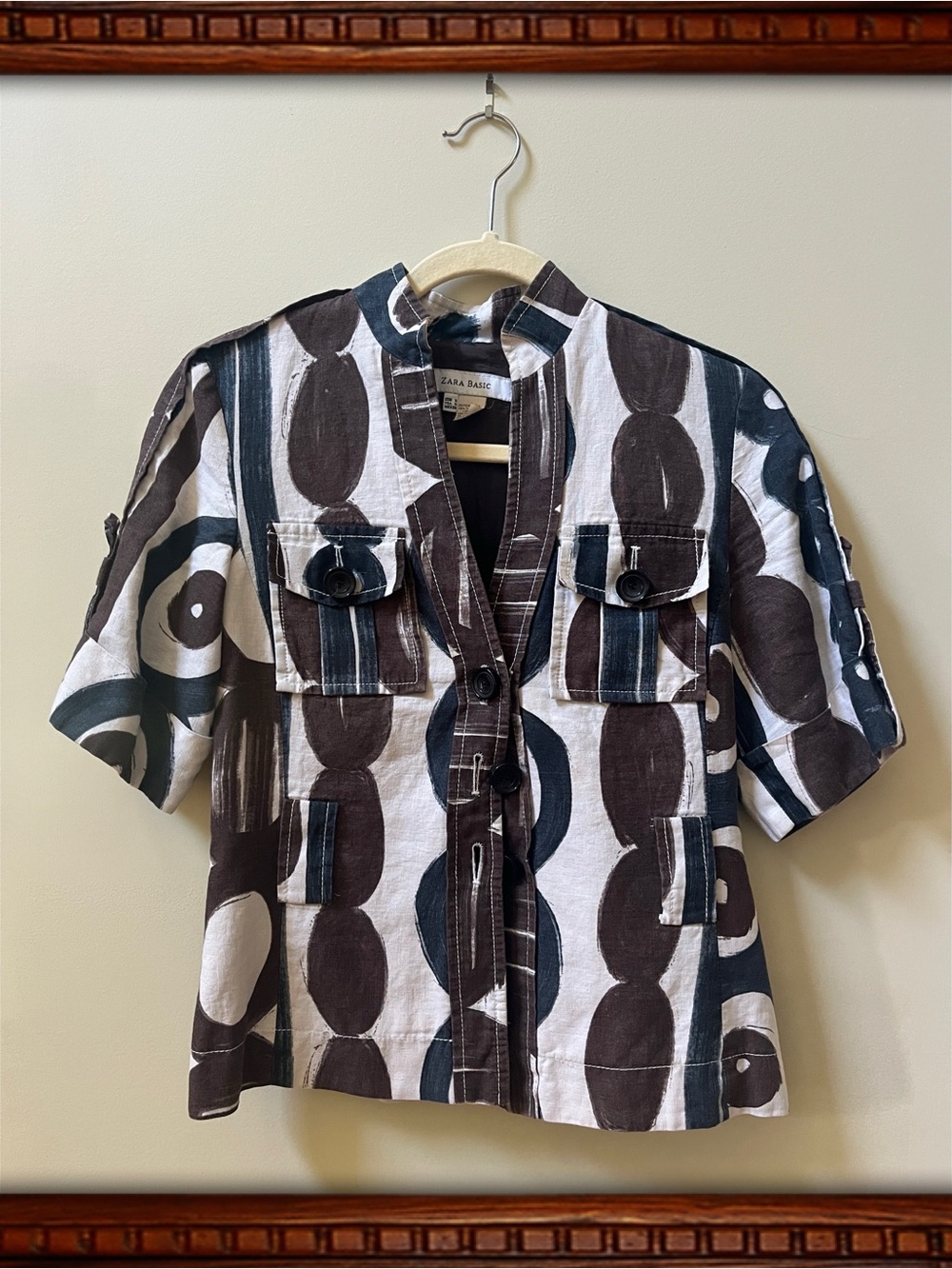 🦓 Zara Basics Brown & Black Patterned Short Sleeved Blouse 🦓